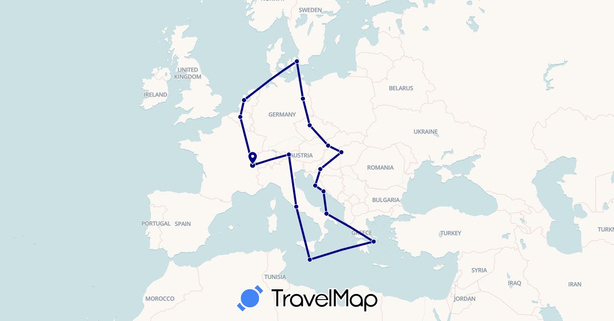 TravelMap itinerary: driving in Austria, Belgium, Switzerland, Czech Republic, Germany, Denmark, Greece, Croatia, Hungary, Italy, Netherlands, Slovakia (Europe)